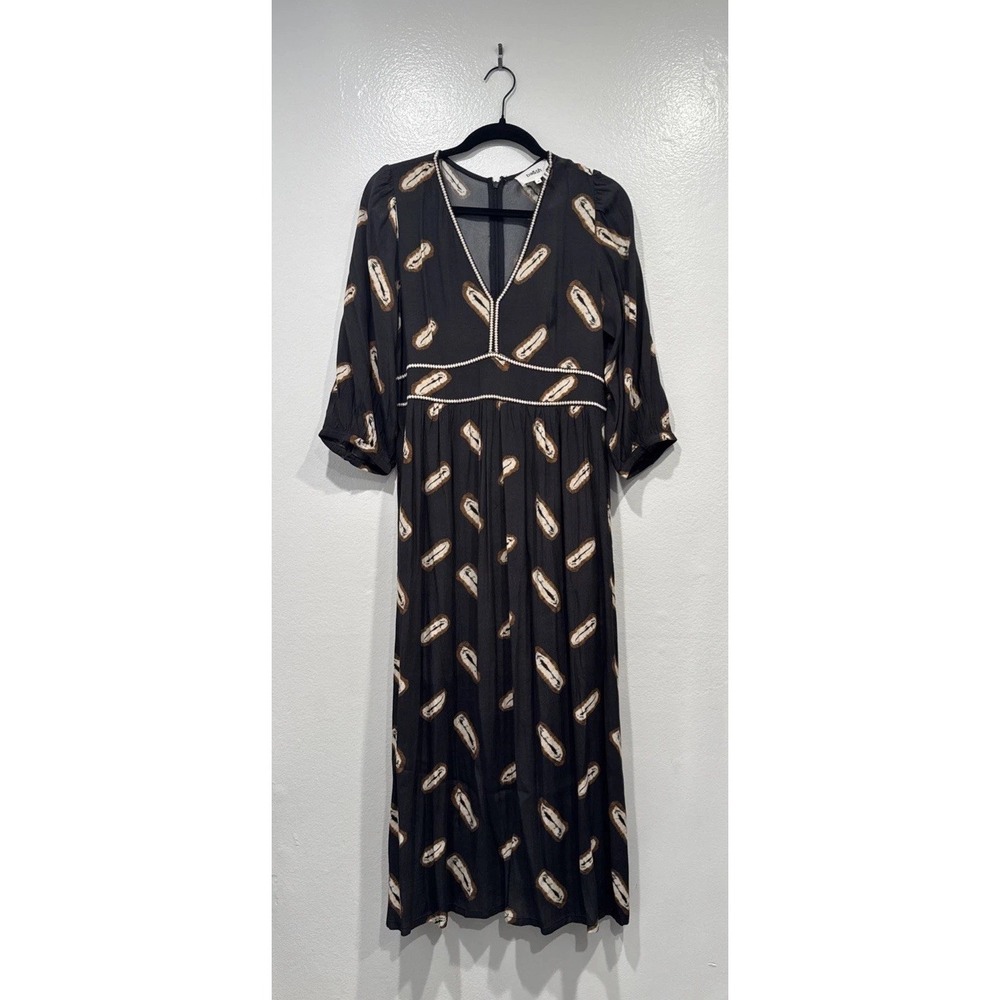 Ba&sh Cassiopee Midi Dress Medium Boho Bohemian Embroidered Trim Abstract Print